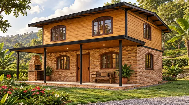 Casa campestre de dos pisos con corredor, muros en ecoladrillo y segundo piso en madera