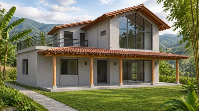 Casa prefabricada de dos pisos con corredor y techo en teja