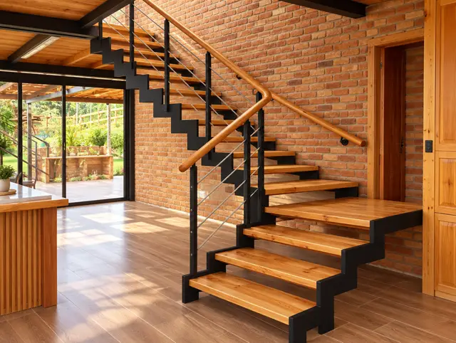 Escalera interior de madera con estructura metálica junto a un muro de ladrillo